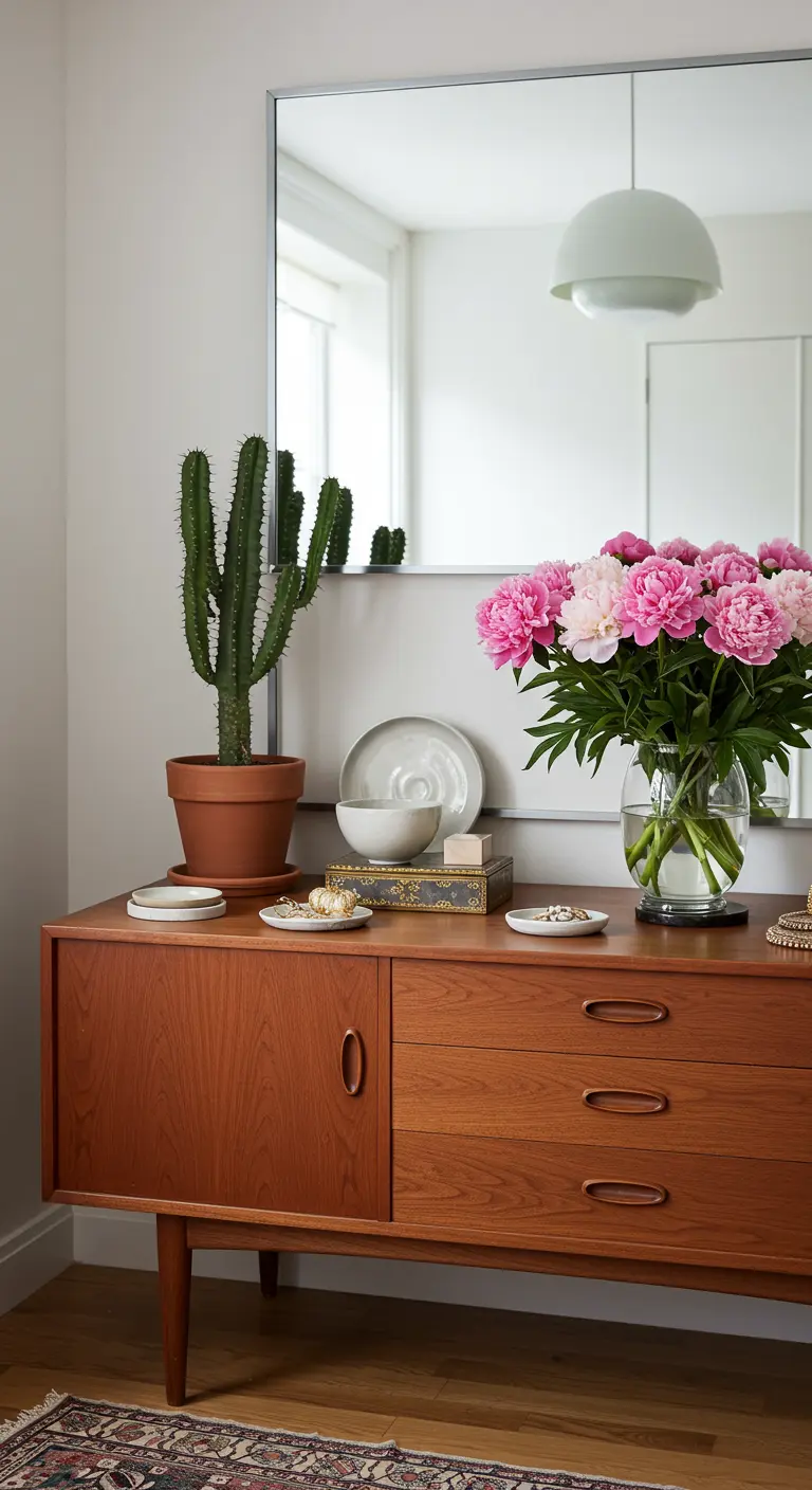 Commode en bois de teck de style Mid-Century avec un grand miroir et un vase.
