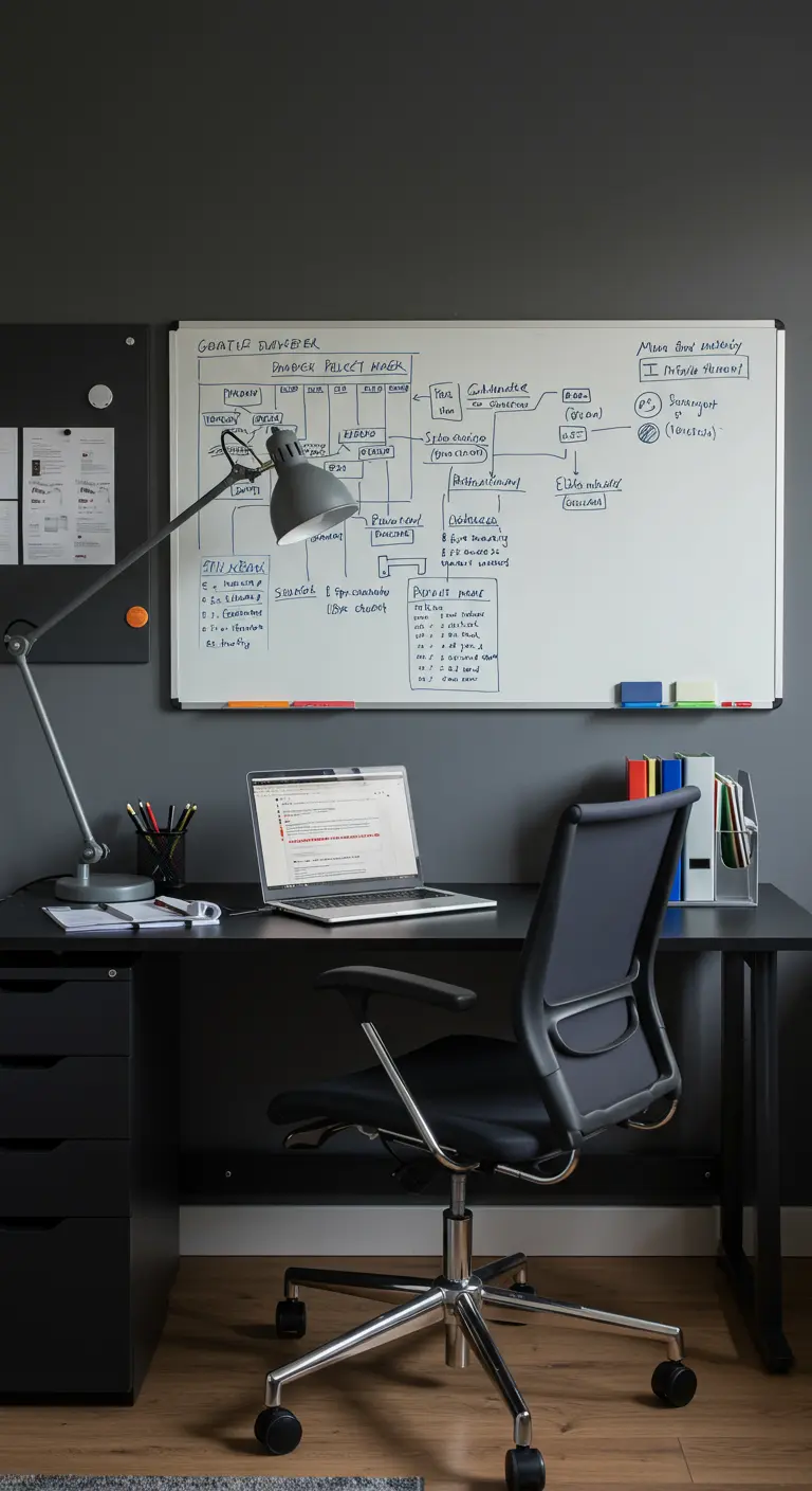 Bureau noir avec un grand tableau blanc pour mind-mapping et une lampe d'architecte.