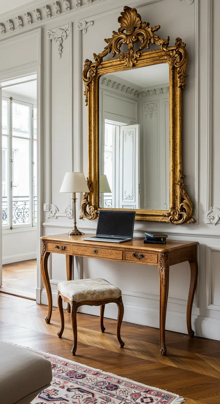 Bureau de style Louis XV sous un grand miroir doré dans un appartement classique.