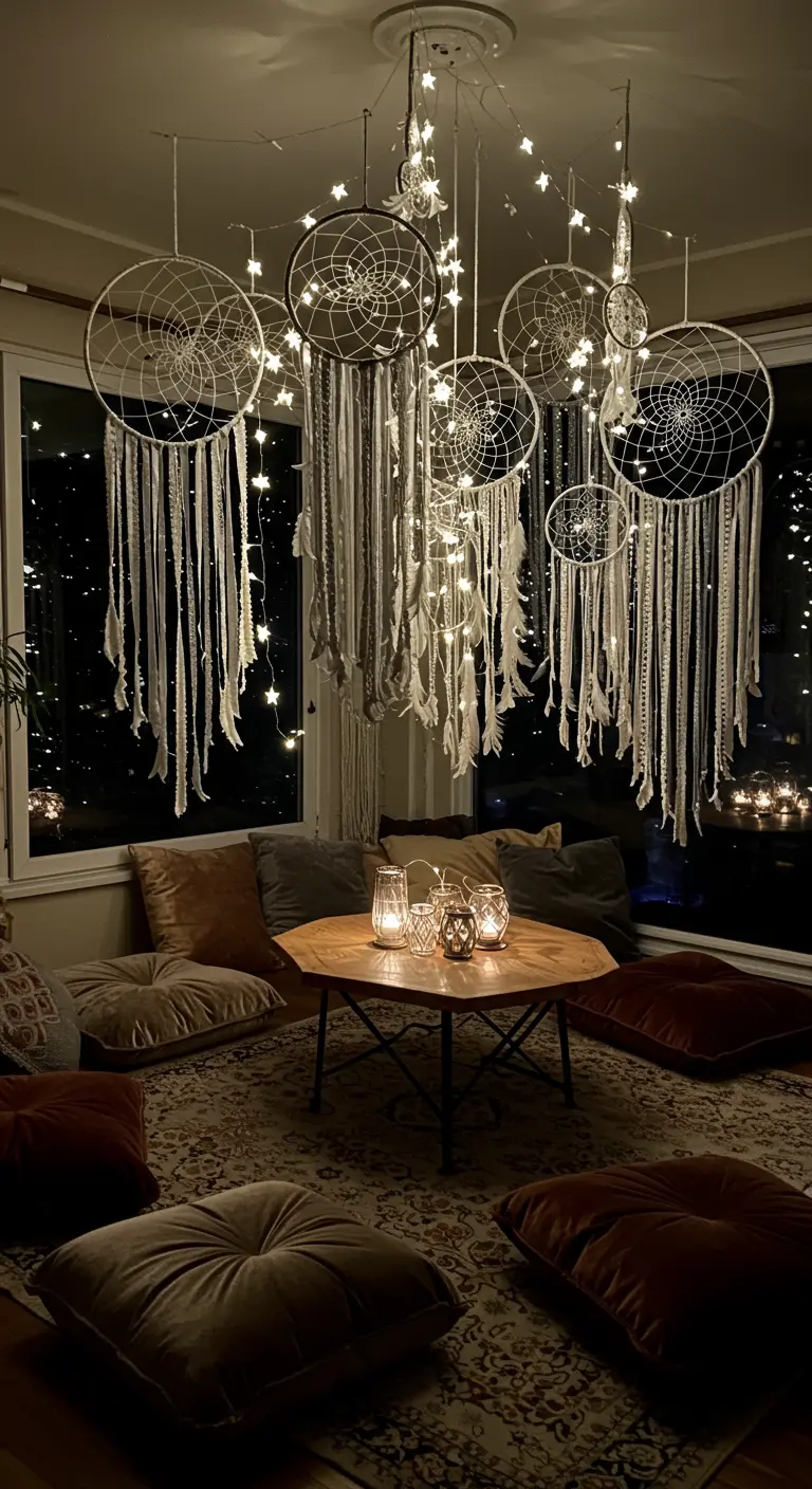 Groupe d'attrape-rêves blancs illuminés suspendus au-dessus d'un coin salon.