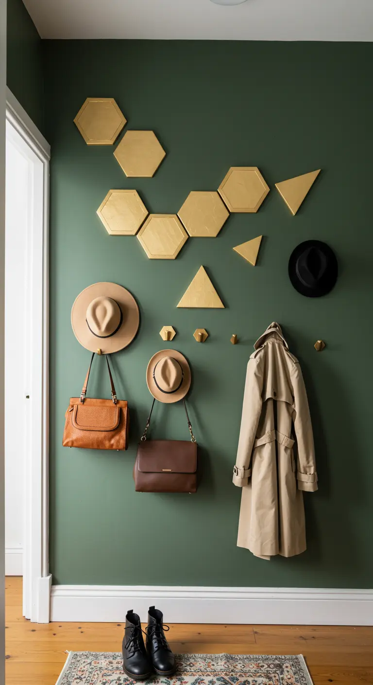 Patères murales design avec des formes géométriques dorées sur un mur vert.