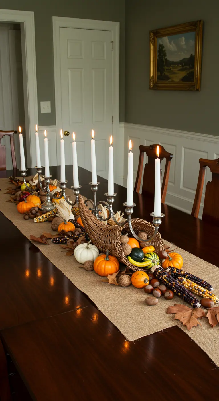 Centre de table traditionnel de Thanksgiving avec une corne d'abondance et des bougies.