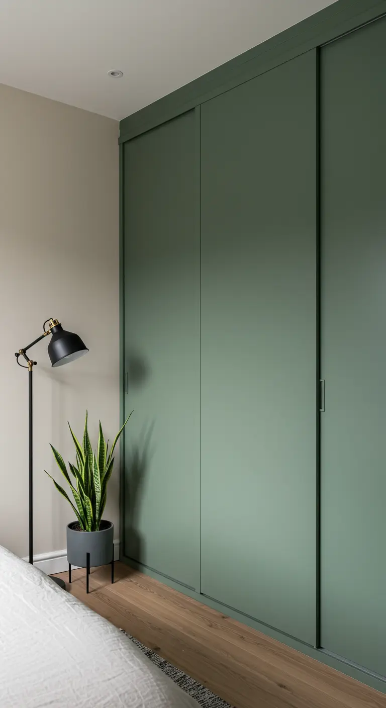 Dressing intégré avec portes coulissantes peintes en vert sauge mat.
