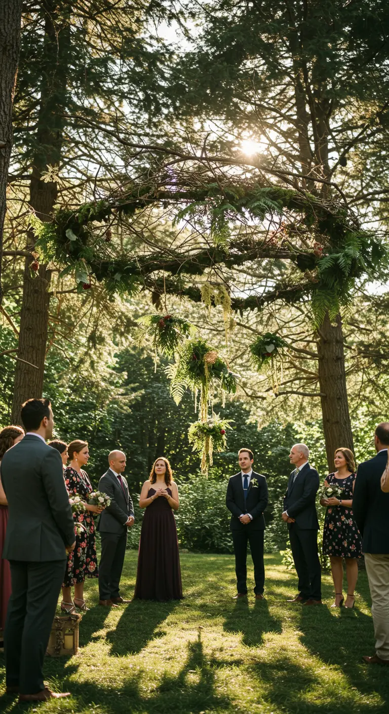 Grande couronne de feuillage suspendue à un arbre pour une cérémonie de mariage en plein air.