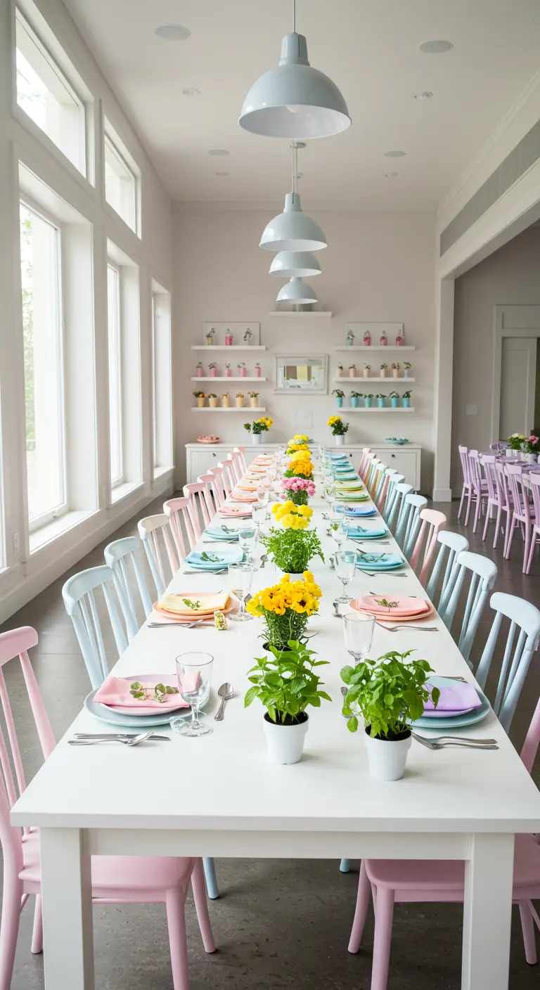 Longue table blanche entourée de chaises peintes dans différentes couleurs pastel.
