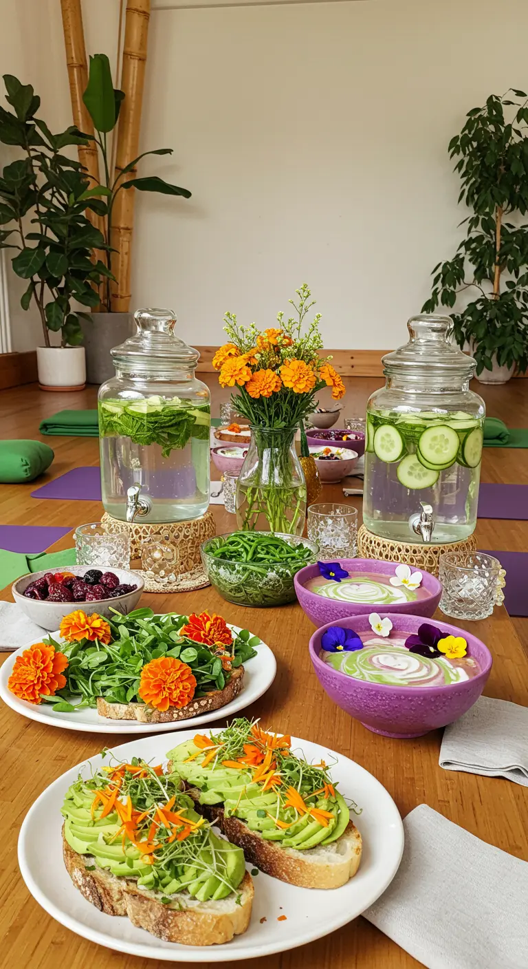 Table de brunch sain avec des toasts à l'avocat et des smoothies décorés de fleurs.