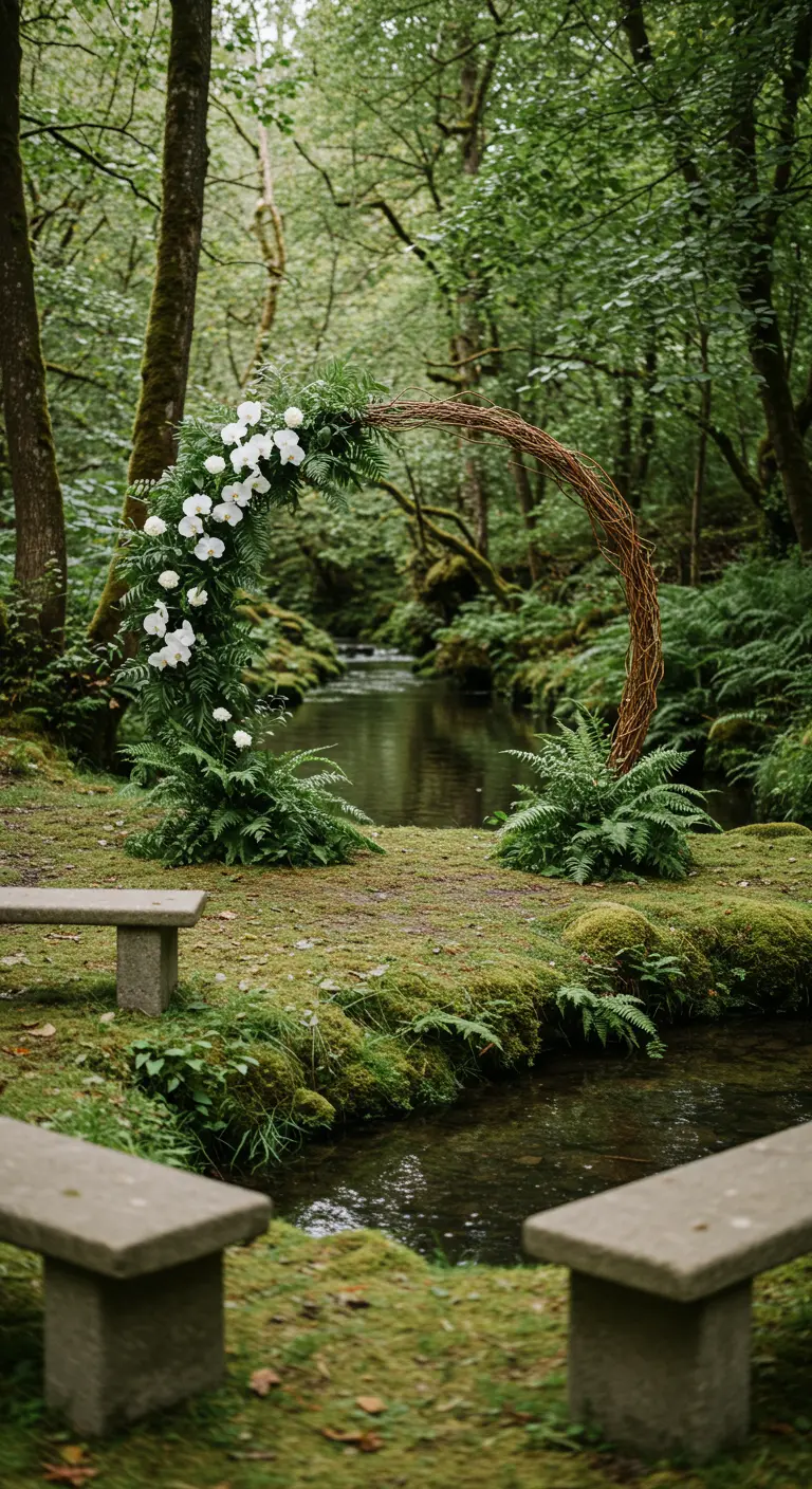 Arche de mariage en demi-cercle au bord d'une rivière, ornée de fleurs blanches.