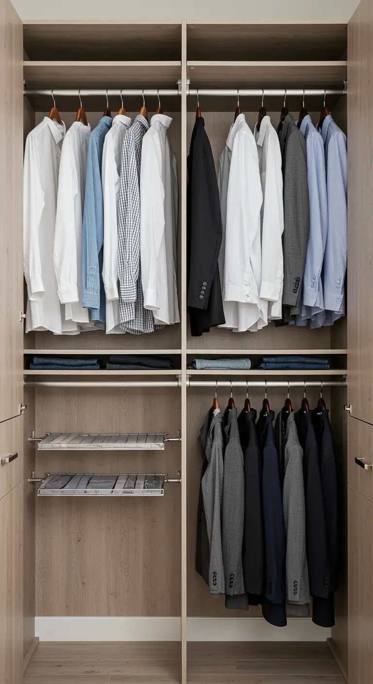 Intérieur d'un placard en bois avec deux niveaux de tringles pour suspendre des chemises et des pantalons.