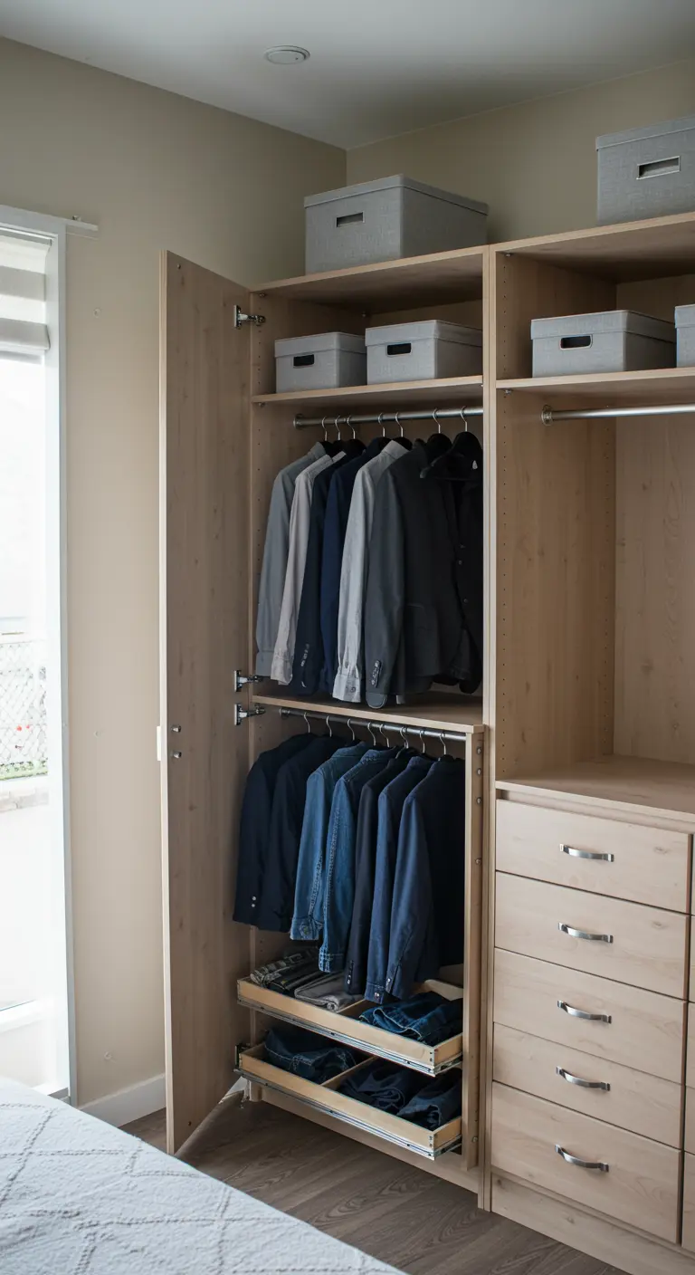 Placard en bois clair avec une double penderie et des tiroirs à chaussures coulissants.