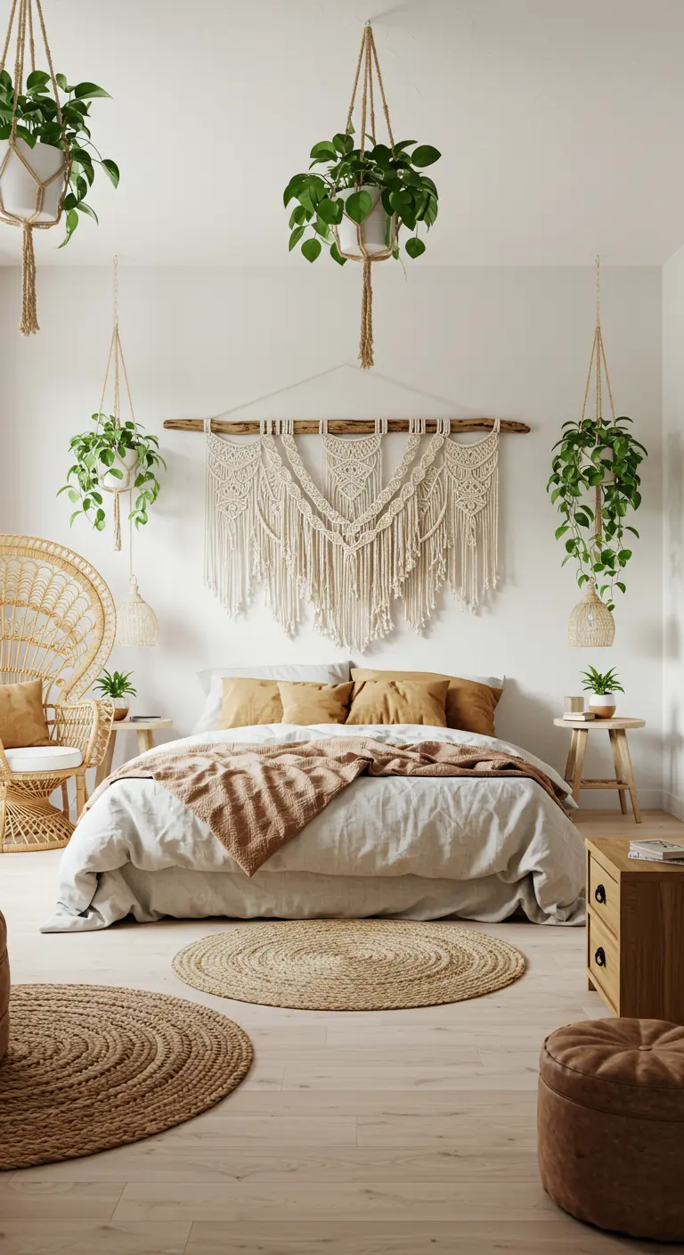Grande tenture murale en macramé suspendue à du bois flotté servant de tête de lit bohème.