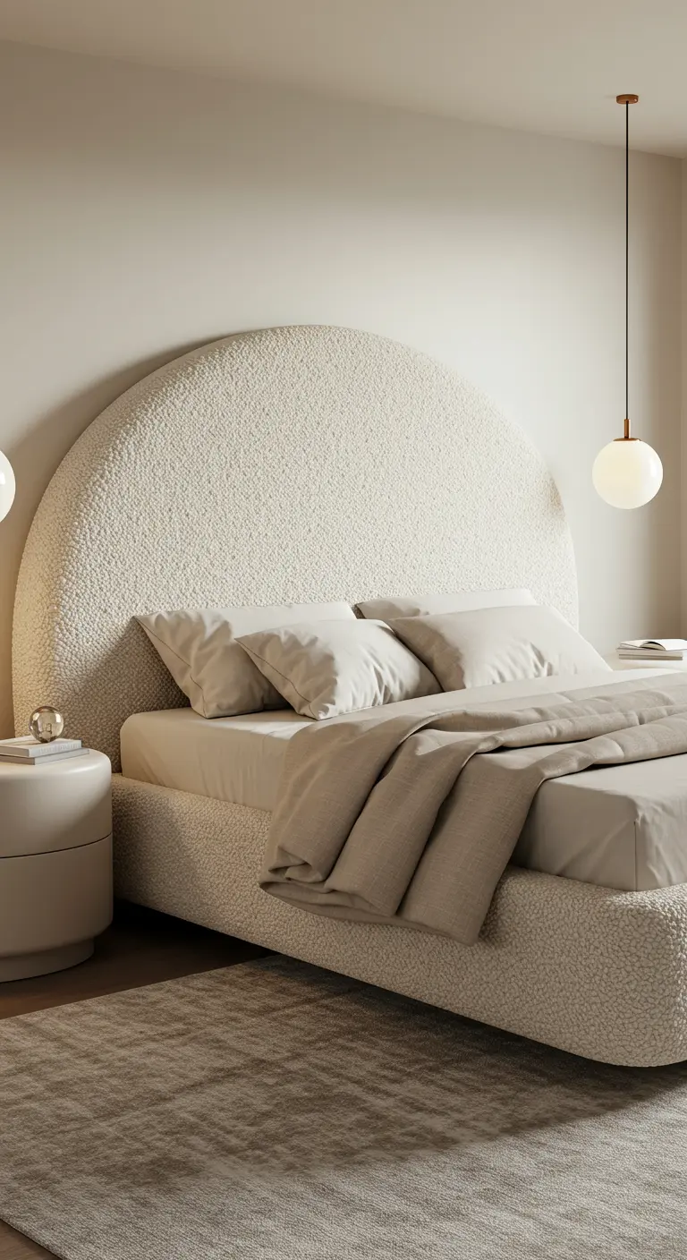 Une grande tête de lit arrondie et rembourrée, recouverte de tissu bouclette blanc cassé.