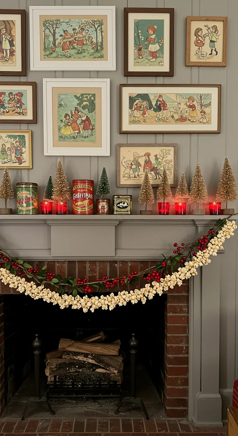 Cheminée grise avec des illustrations de livres d'enfants, une guirlande de popcorn et des boîtes vintage.
