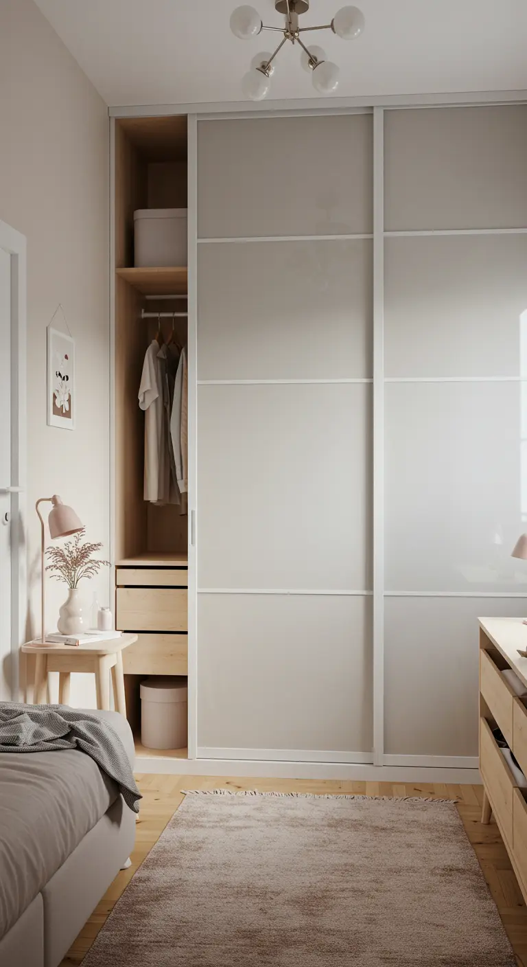 Portes coulissantes en verre dépoli avec cadre blanc dans une chambre scandinave.