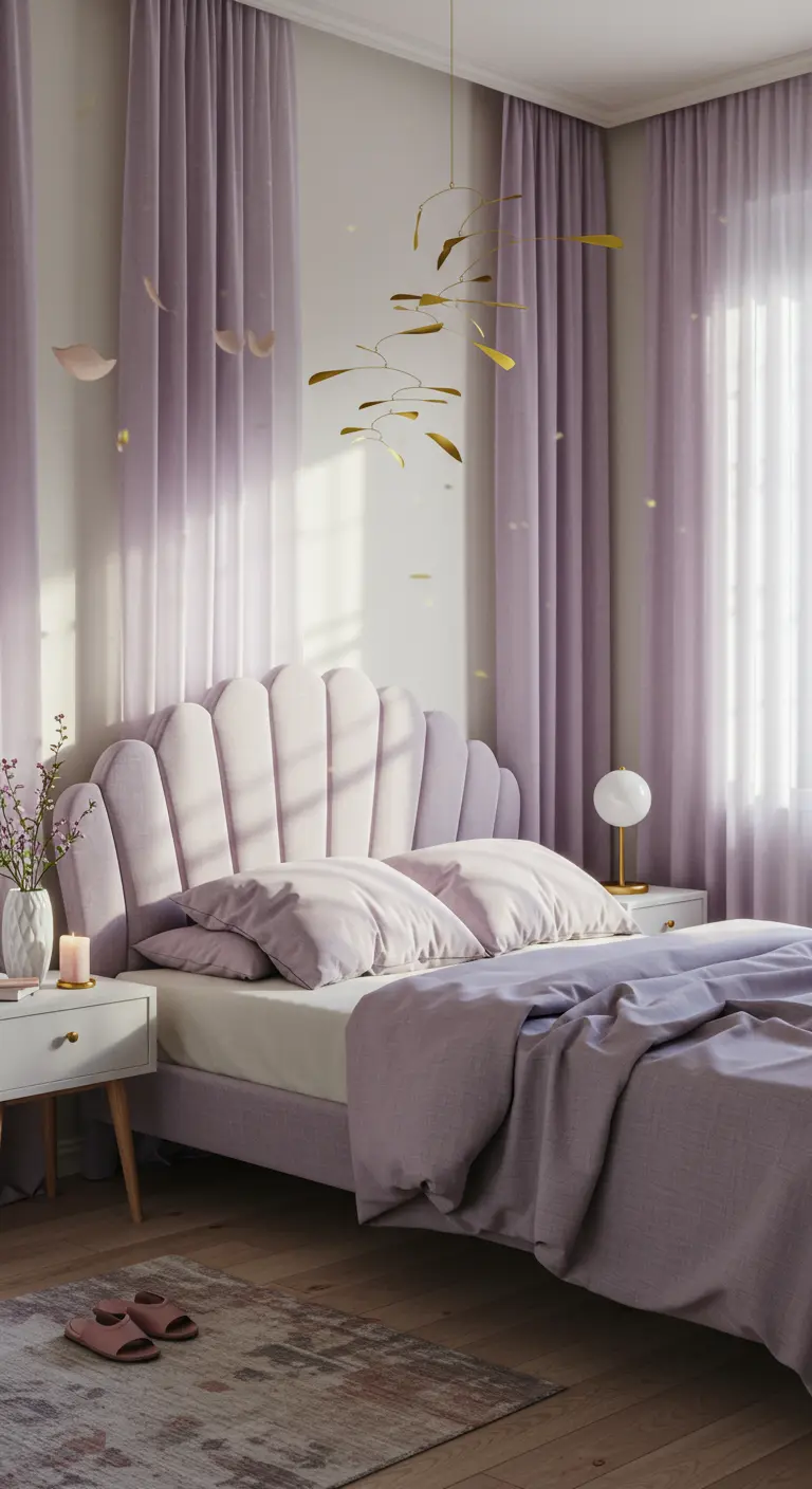 Tête de lit en forme de coquillage en velours lilas.