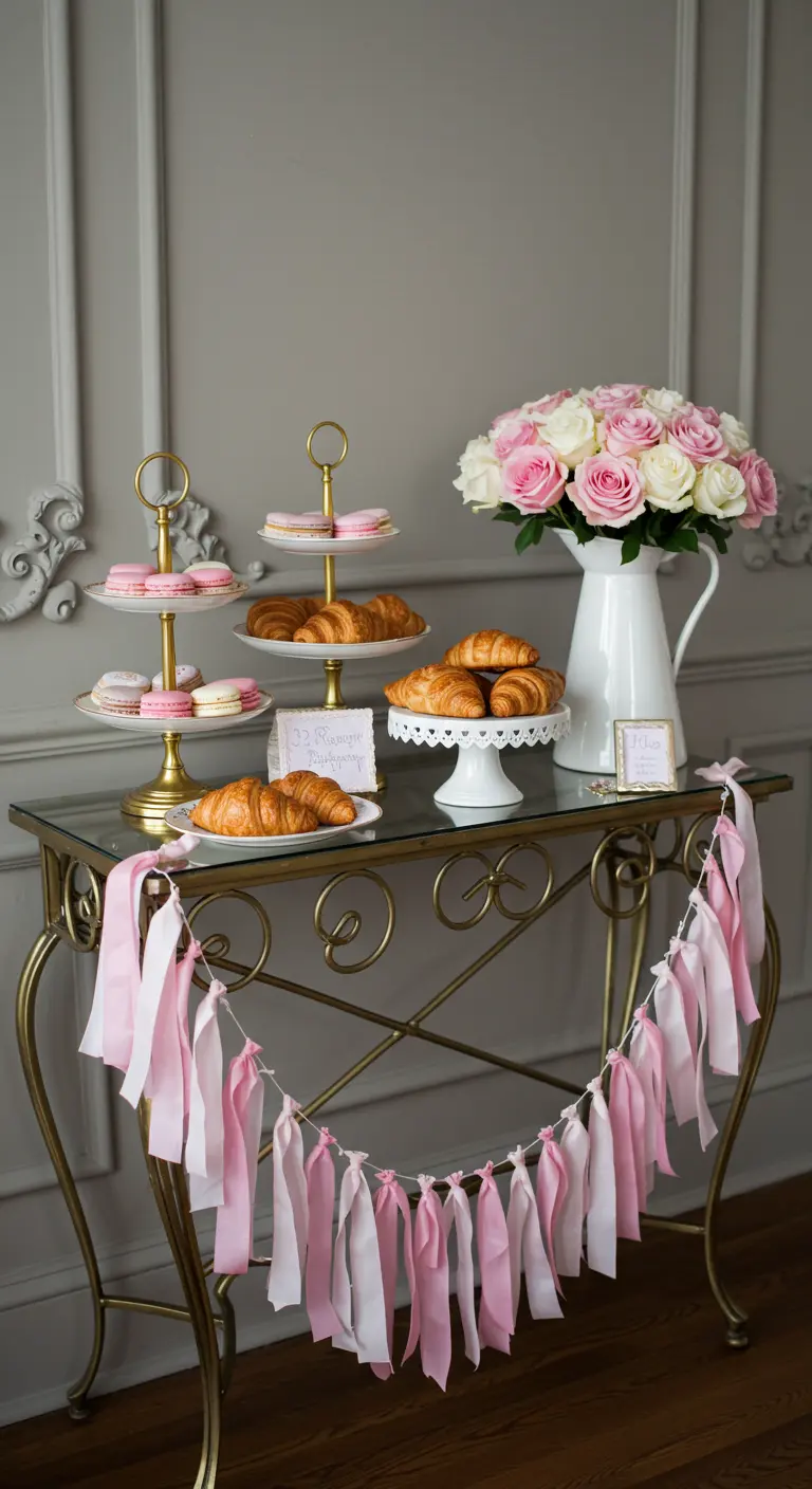 Buffet parisien avec macarons, croissants, roses et une guirlande de rubans roses et blancs.