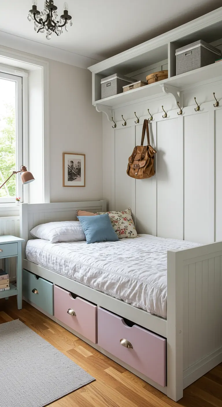 Lit blanc avec des tiroirs de rangement dont les façades sont peintes en rose et bleu pastel.
