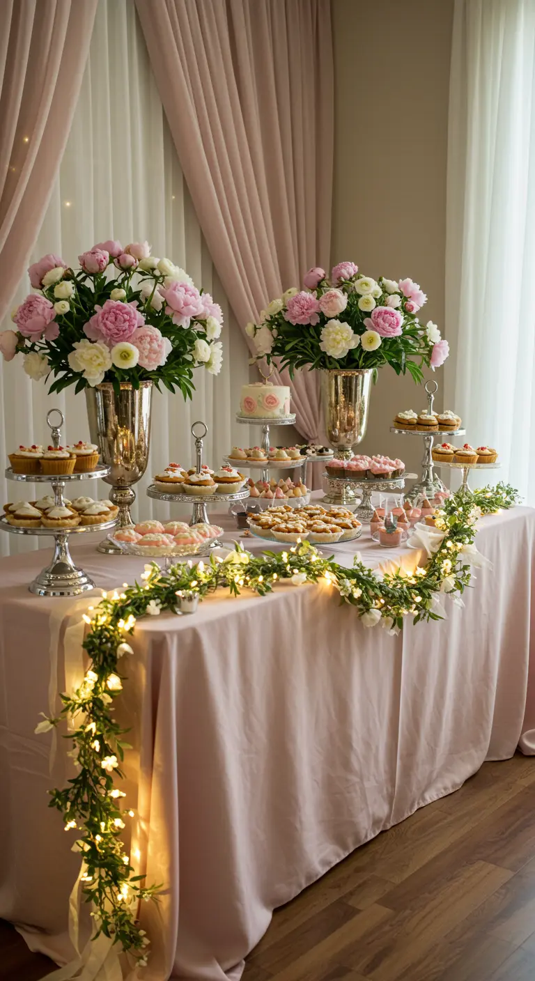 Buffet romantique avec nappe rose, bouquets de pivoines, vaisselle argentée et guirlandes LED.
