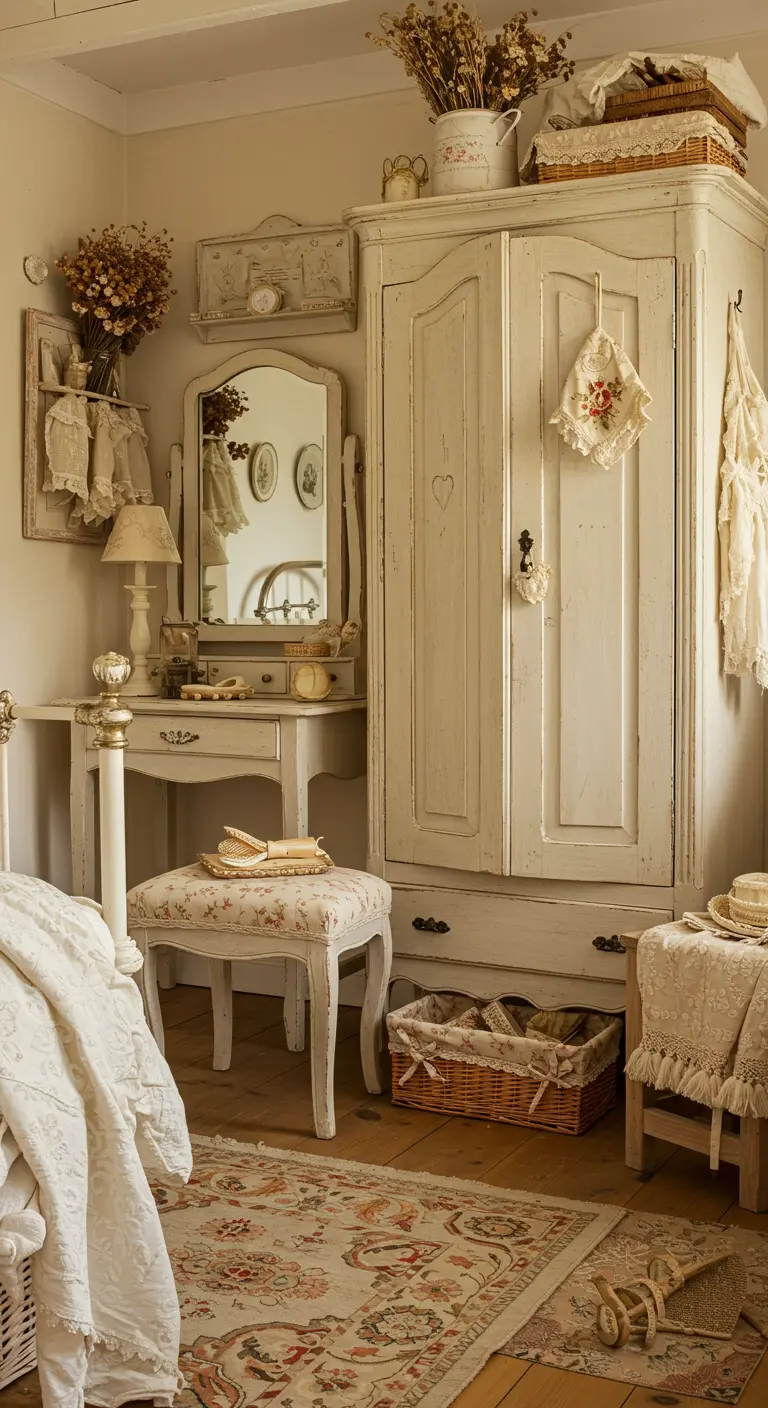 Chambre de style shabby chic avec une armoire et une coiffeuse anciennes de couleur crème.