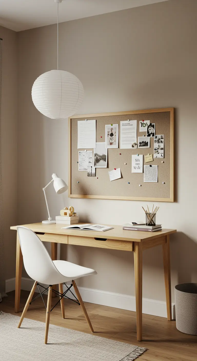 Bureau en bois clair de style scandinave avec un tableau d'inspiration et une suspension en papier.