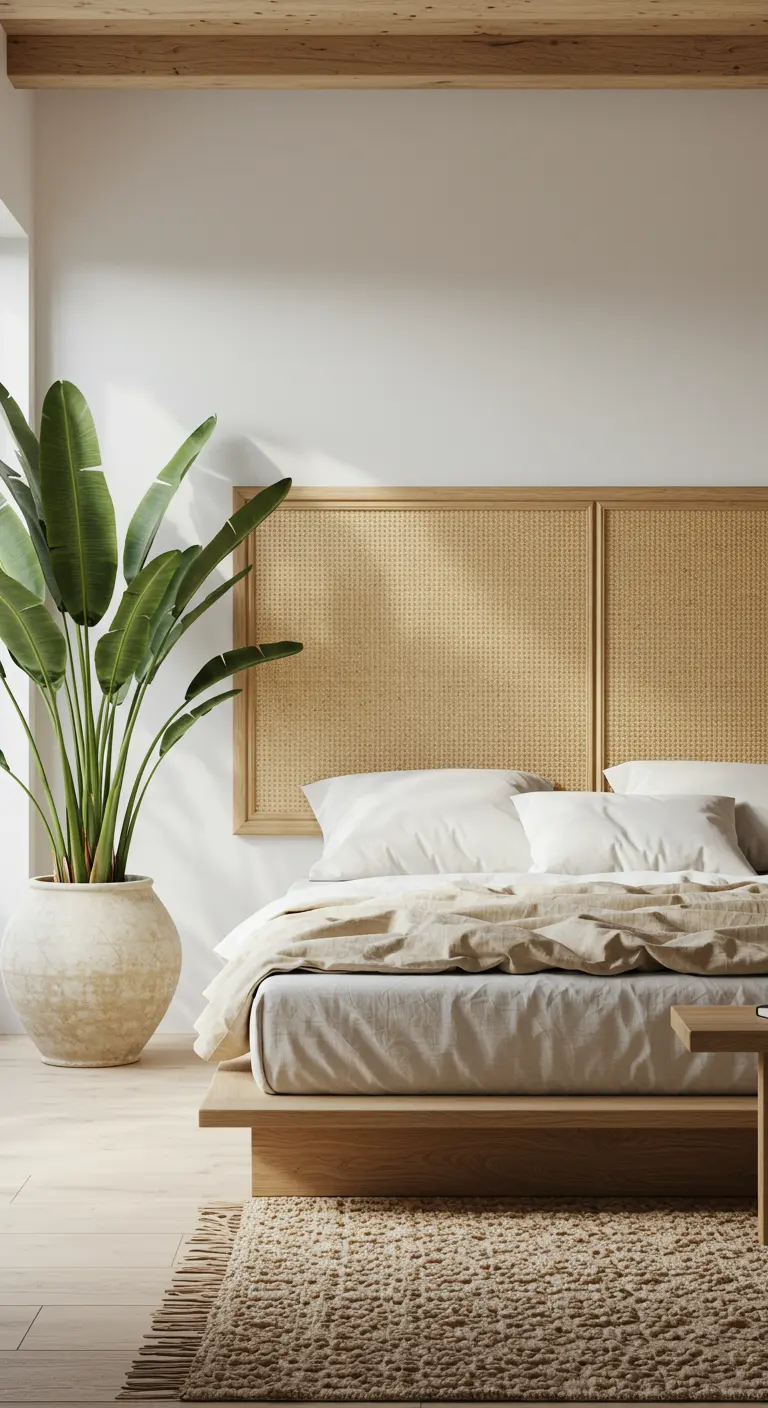 Tête de lit en cannage naturel avec un cadre en bois clair dans une chambre lumineuse.