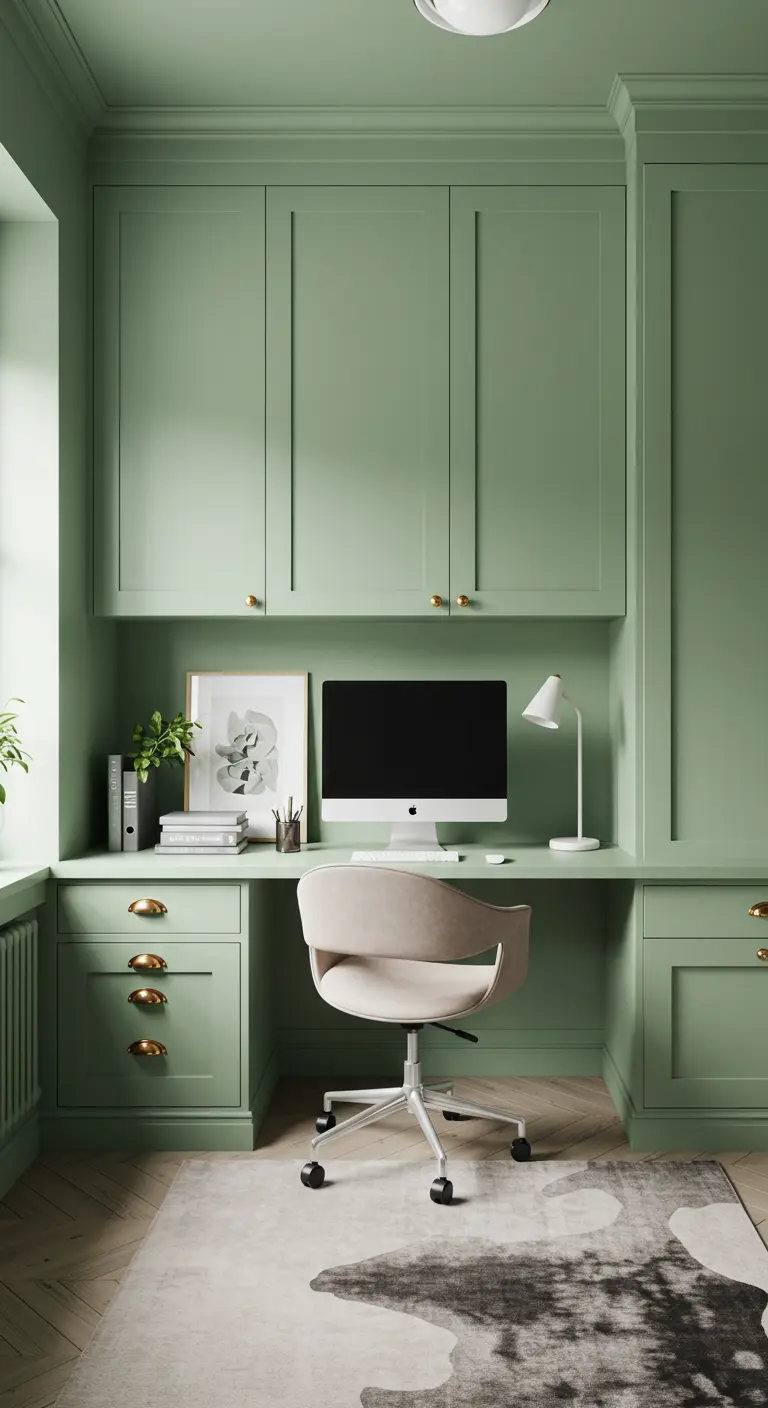 Bureau intégré vert sauge avec des placards de style Shaker et des poignées dorées.