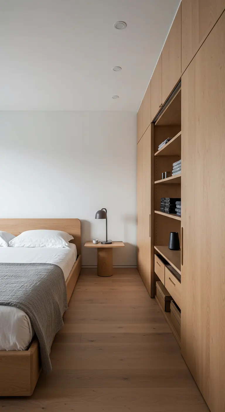 Grande armoire en bois clair avec une porte coulissante révélant des étagères.