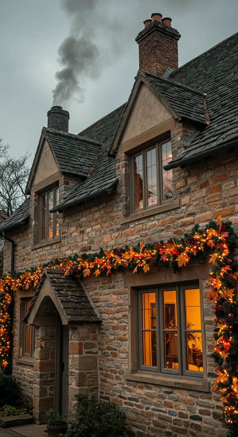 Maison de cottage en pierre dont la façade est décorée de guirlandes automnales.