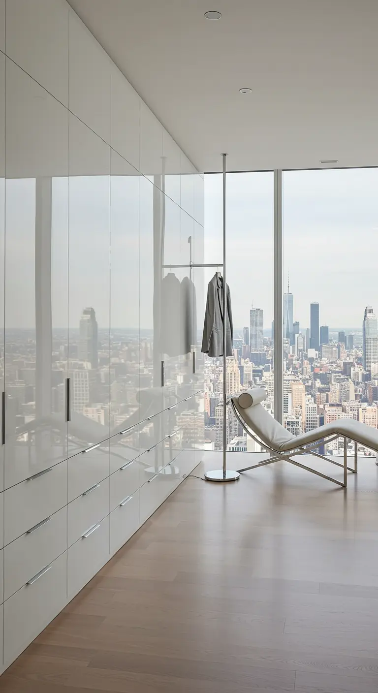 Dressing moderne avec des portes laquées blanches qui reflètent la vue sur la ville.