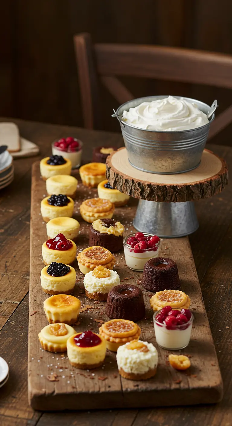 Assortiment de mini-cheesecakes et verrines sur une planche en bois rustique.