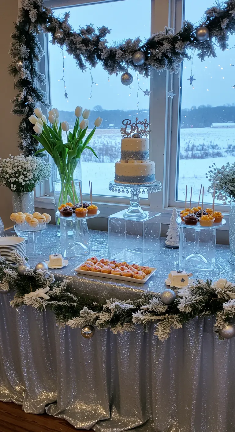 Buffet d'hiver scintillant avec nappe à sequins, guirlandes enneigées et touches argentées.