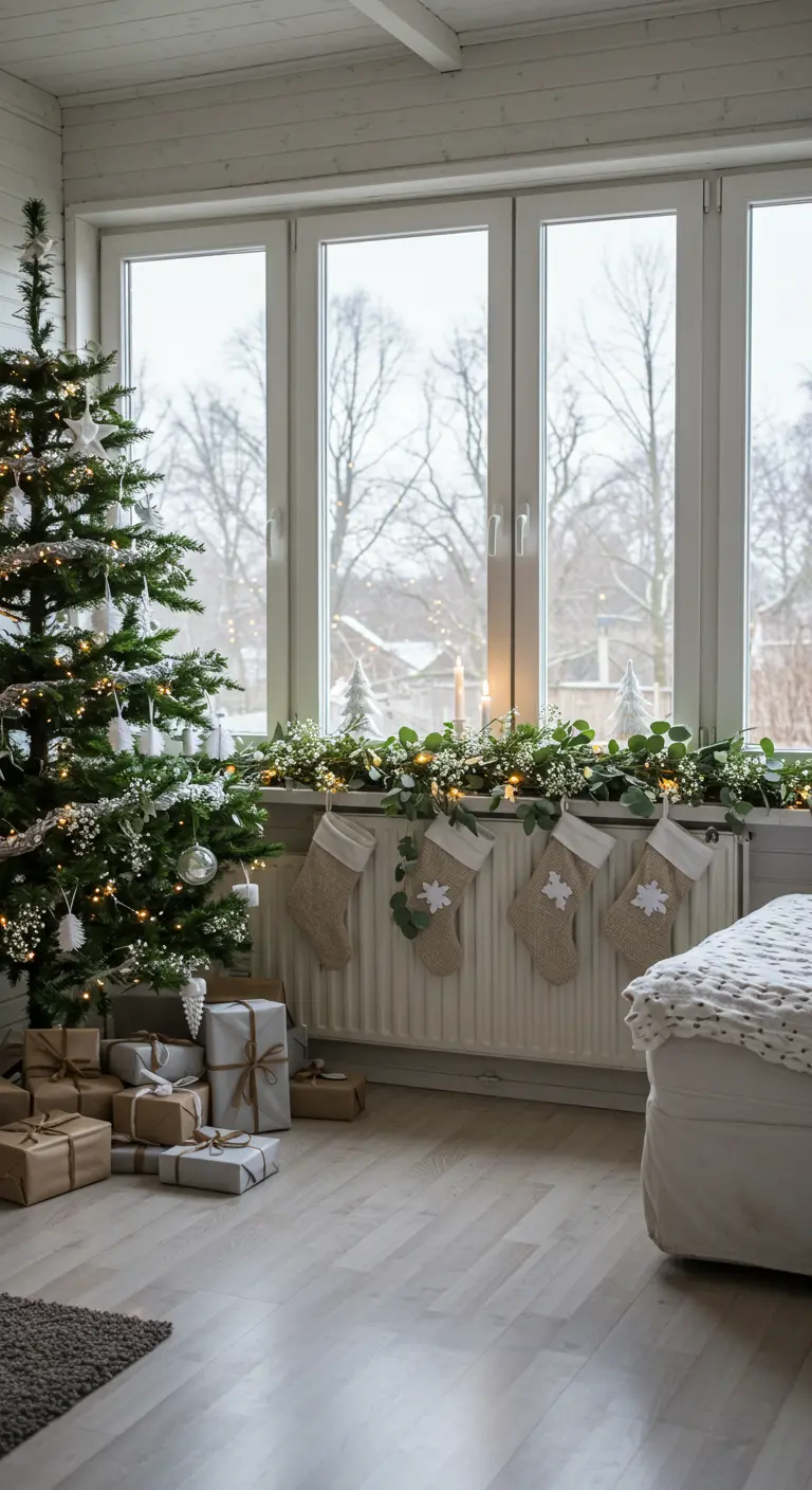 Décoration de rebord de fenêtre avec guirlande végétale, chaussettes de Noël et sapin.