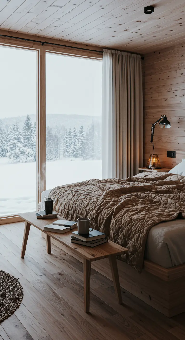 Chambre avec murs en bois et une grande baie vitrée donnant sur une forêt enneigée.
