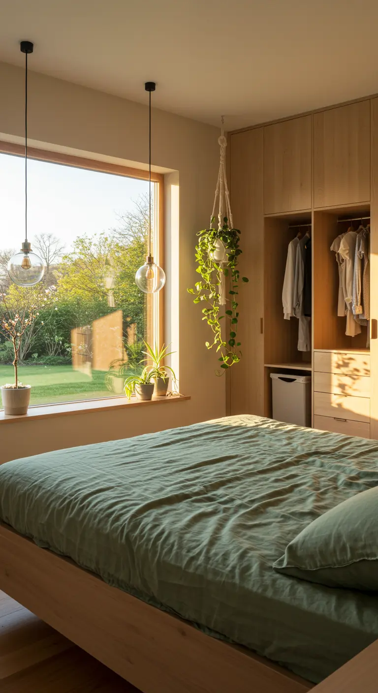 Chambre lumineuse avec une grande fenêtre donnant sur un jardin, un lit en bois et des plantes suspendues.