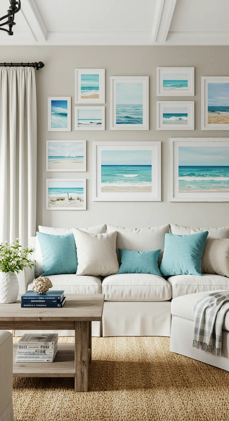 Mur de galerie avec des peintures de paysages marins dans des cadres blancs au-dessus d'un canapé blanc.