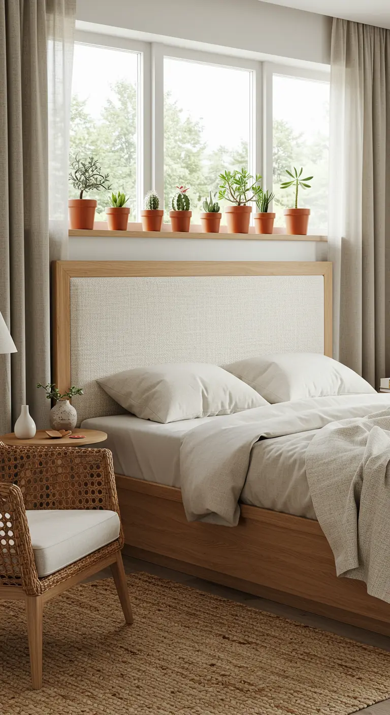 Tête de lit en bois et lin devant une fenêtre avec des plantes en pot.