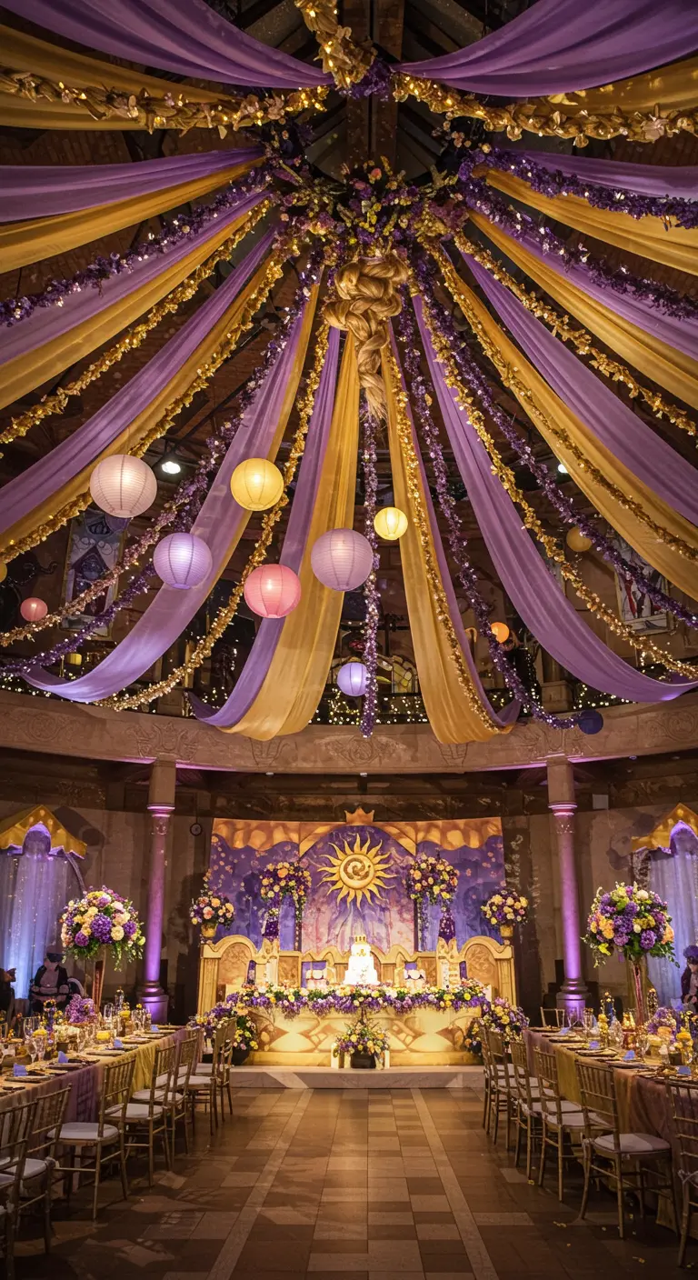 Salle de bal violette et dorée avec drapés et lanternes, thème Raiponce.