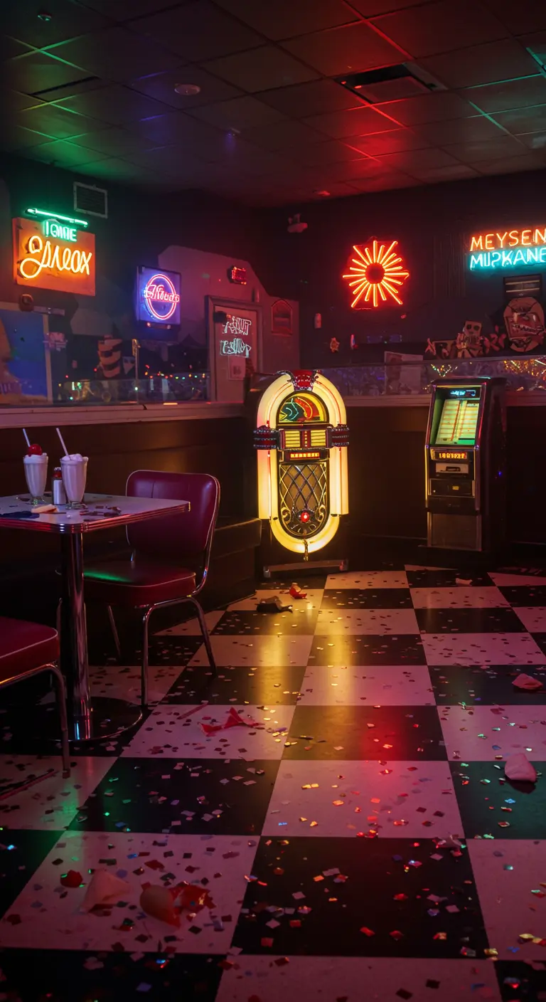 Sol à damier d'un diner couvert de confettis colorés après une fête.