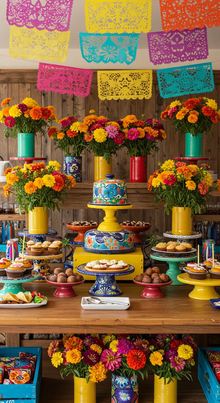 Buffet d'anniversaire très coloré sur le thème du Mexique avec des fleurs et du papel picado.