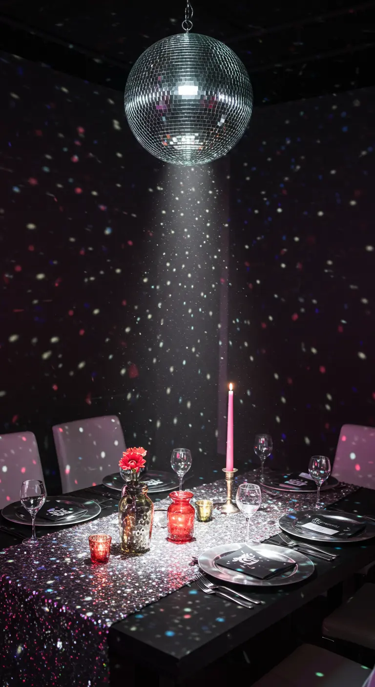 Table de fête sous une boule à facettes projetant des points lumineux colorés partout.