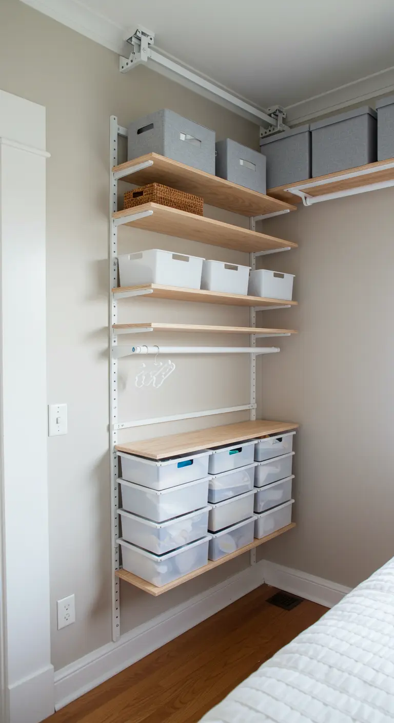 Système de rangement mural avec crémaillères blanches, étagères en bois et bacs de rangement.