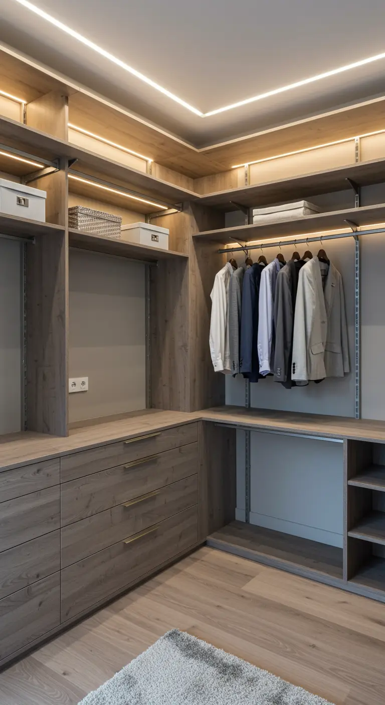 Dressing ouvert avec un système de crémaillères murales et des étagères réglables.