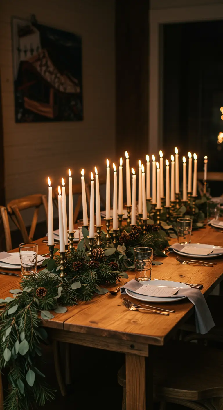 Table en bois rustique illuminée par une rangée dense de chandeliers fins et une guirlande de sapin.