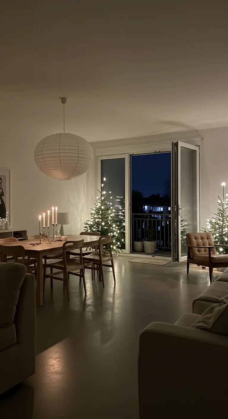 Intérieur minimaliste avec deux petits sapins lumineux sur le balcon.