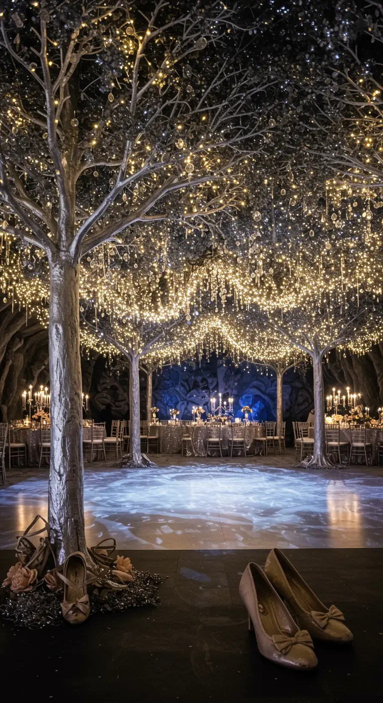 Arbres argentés couverts de guirlandes lumineuses, une chaussure de bal abandonnée.
