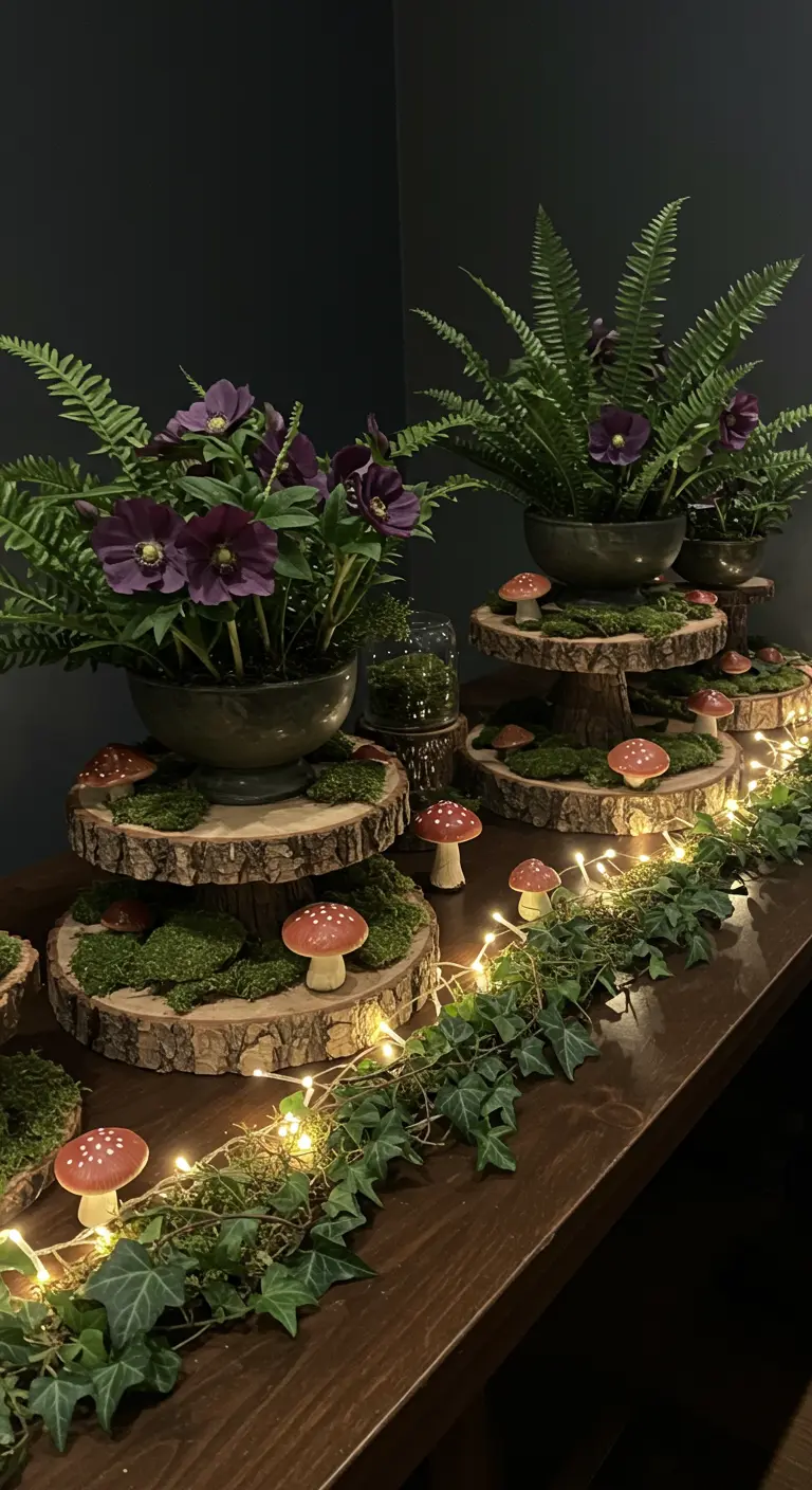 Buffet sur le thème de la forêt avec des rondins, de la mousse, des fougères et des lumières.