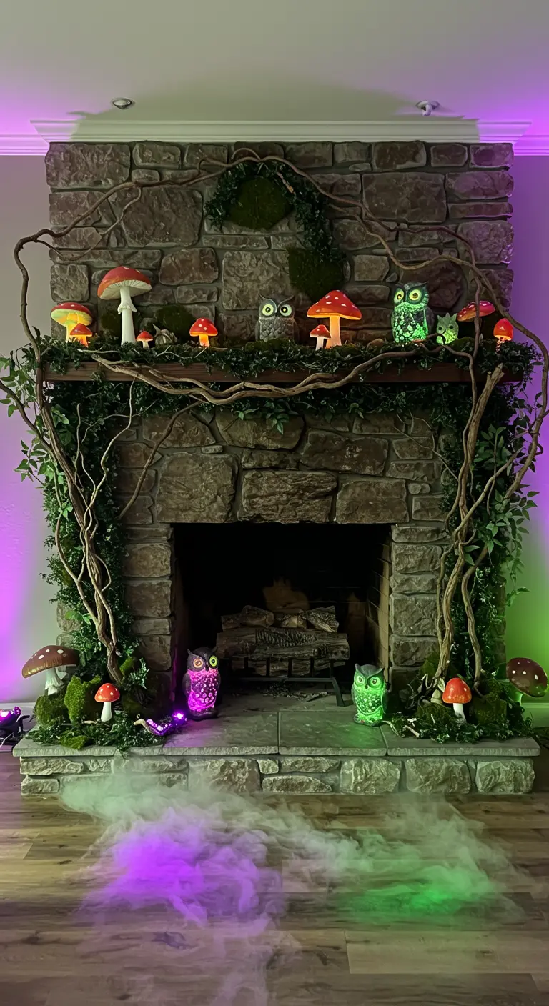 Cheminée en pierre transformée en forêt enchantée avec champignons et hiboux lumineux.