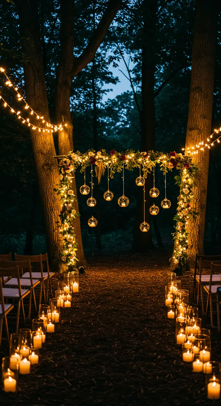 Arche florale illuminée par des guirlandes et des bougies suspendues pour une cérémonie de nuit.