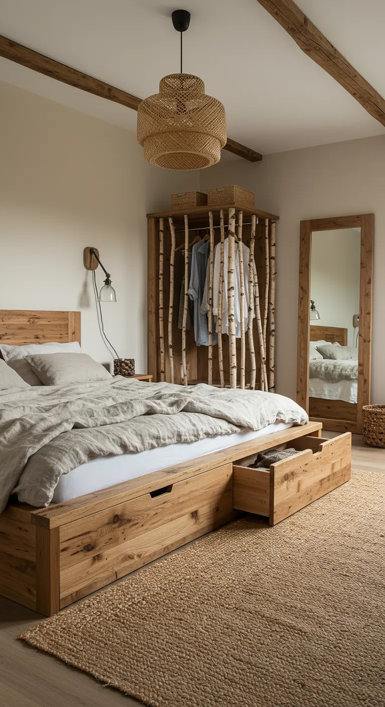 Chambre rustique avec un lit à tiroirs en chêne et un dressing ouvert fait de branches de bouleau.