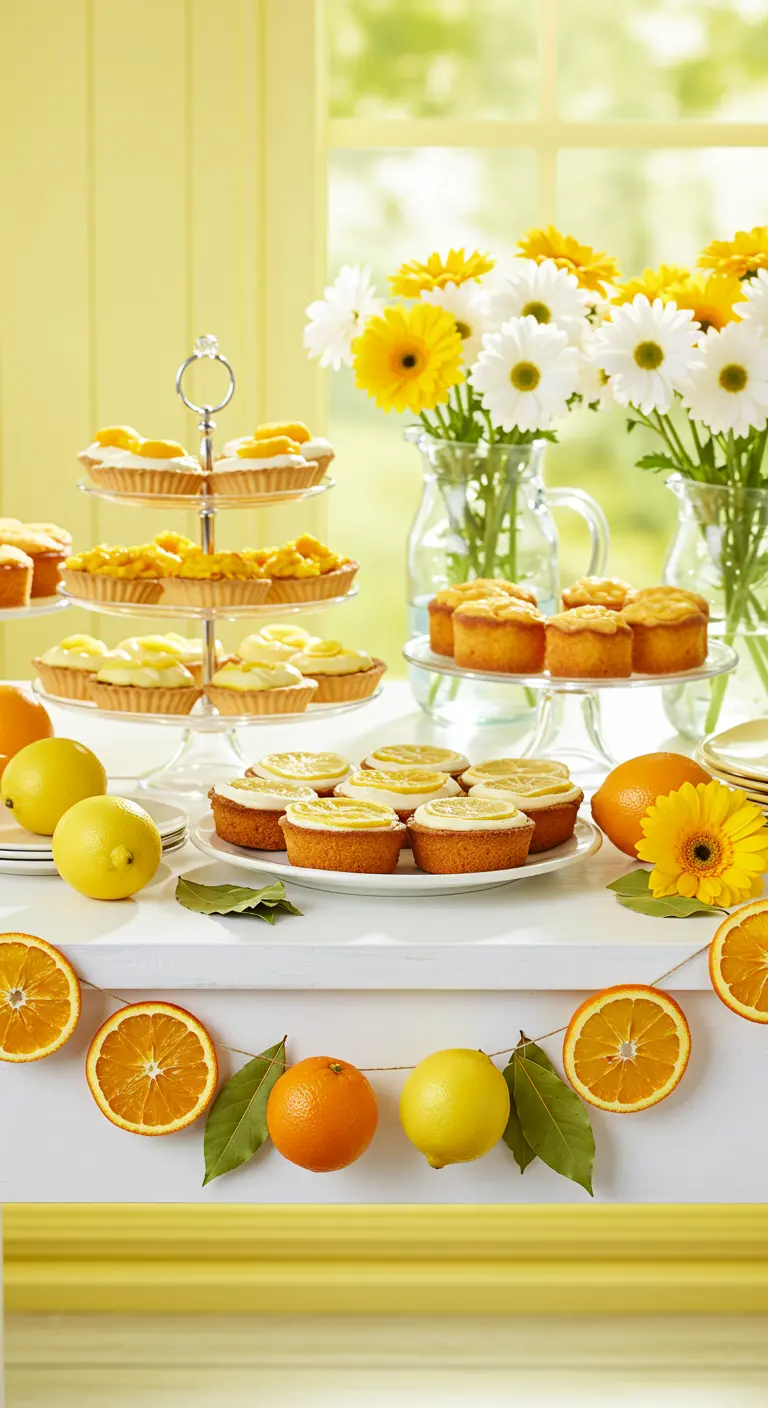 Buffet d'anniversaire jaune et blanc avec des citrons, des oranges et des marguerites.