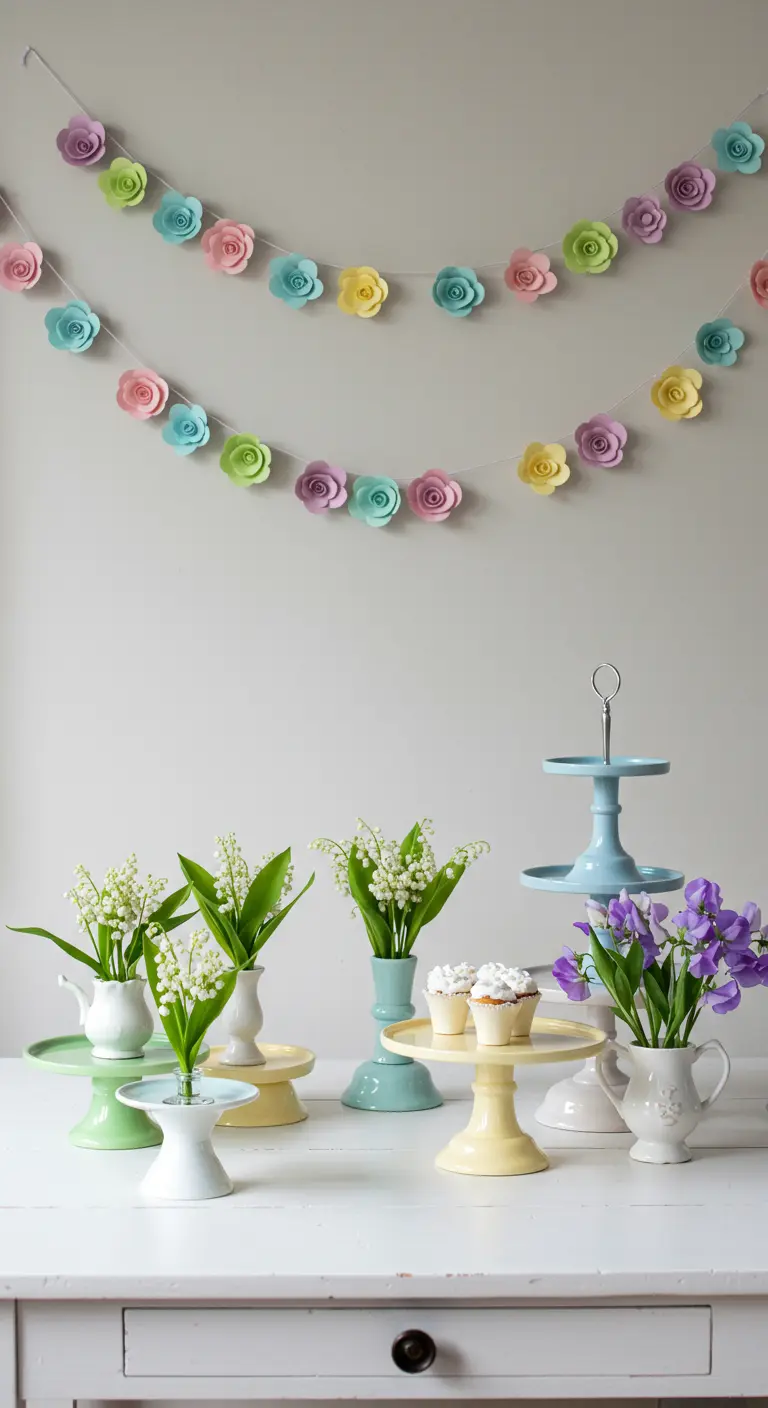 Buffet printanier avec une guirlande de fleurs en papier pastel et des bouquets de muguet.